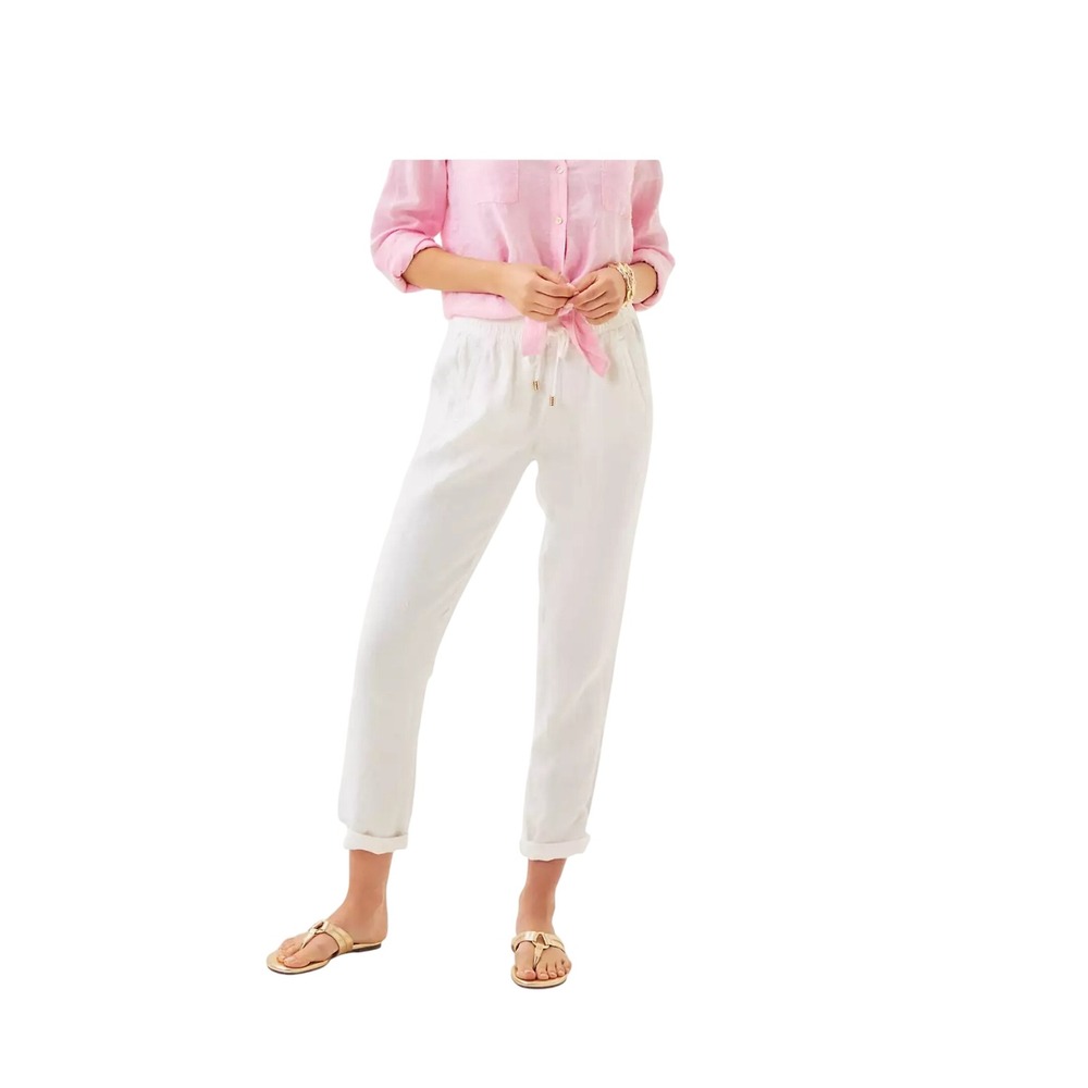 Lilly Pulitzer White Linen Pants Size Large Elastic Drawstring Beach Resort #058